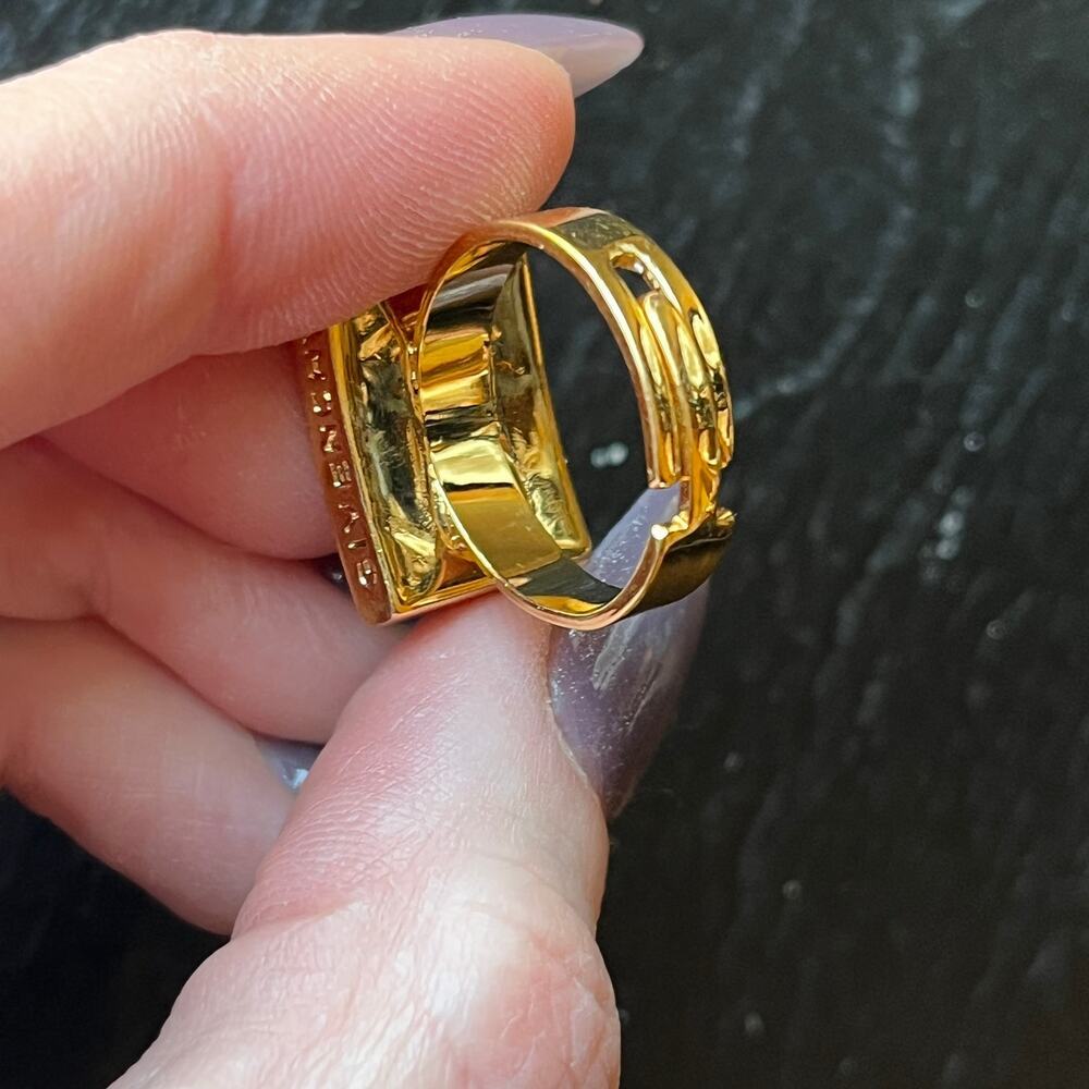 Vintage GIVENCHY Gold Tone Rectangular Ring with White and Amber Rhinestones - Picture 6 of 8